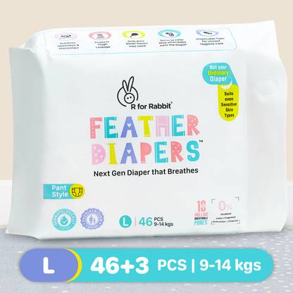 R for Rabbit Large L Size Premium Feather Diaper for Baby 9 to 14 kgs (49 Pack Offer) - L