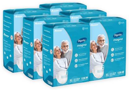 DIGNITY Magna Adult Diapers, Extra Large, Waist Size 48" - 57", 10 Pcs/Pack (Pack of 6), 60 Pcs Adult Diapers - XL