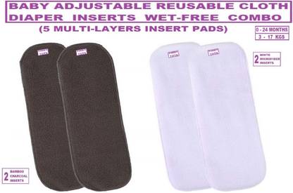 TINNY TOTS Pack of 2 High Quality Baby Bamboo Charcoal Diaper Nappy Insert(5 Layers) For Cloth Diapers With 2 White Microfiber Insert(5 Layers) Reusable Washable For Baby Undergarments(0-24 Months;3-17 KGS) - New Born