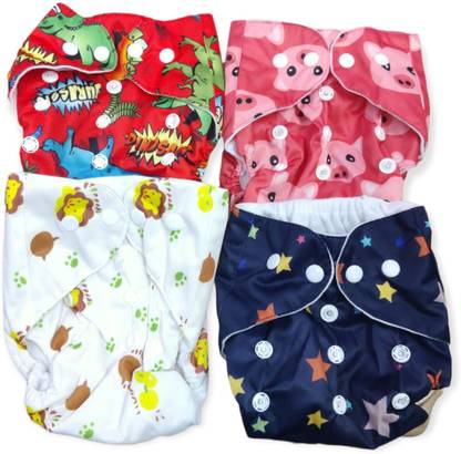 Tip 'n' Top Printed Reusable Diapers with Snap Buttons for Size Adjustment (Set of 4) - M