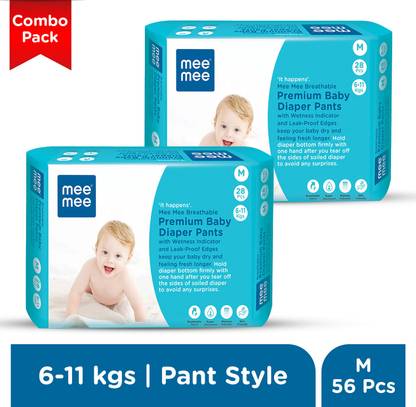 MeeMee Breathable Premium Baby Diaper Pants with Wetness Indicator and Leak-Proof Edges (Medium, 28 Pcs) (Pack of 2) - M
