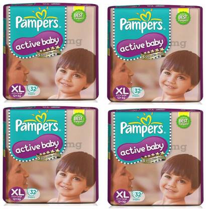 Pampers ACTIVE BABY TAPED DIAPERS EXTRA LARGE XL 32 +32+32+32 PACK OF 4 - XL