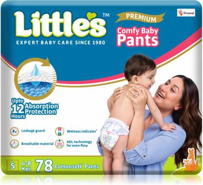 Little's Comfy Baby Pants - Premium, 12 Hours Absorption, Wetness Indicator, Cotton Soft - S