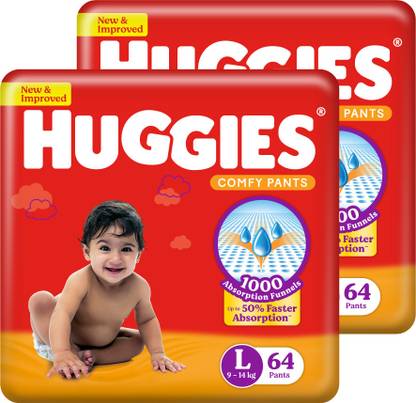 Huggies Comfy Baby Diaper Pants, Upto 50% Faster Absorption (64 X 2) - L
