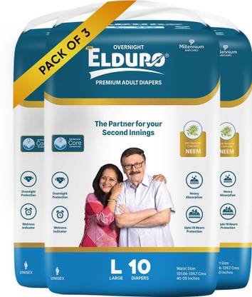 एलदुरों प्रीमियम रेंज यूनिसेक्स एडल्ट ओपन टेप डायपर 30 डायपर 3 का पैक एडल्ट डायपर - L