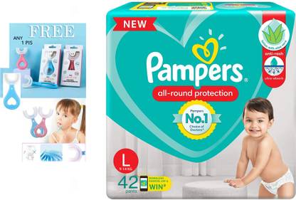 Pampers All round Protection Baby Diapers 42 Pieces With Free Toothbrushes - L