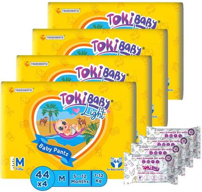 TokiBaby Light Ultra Thin Pull Up Baby Diaper Pants Size M from 5 to 12 Months + Wipes - M