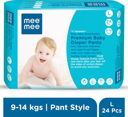 MeeMee Breathable Premium Baby Diaper Pants with Wetness Indicator and Leak-Proof Edges (Large, 24 Pcs) - L