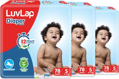 LuvLap Diaper Pants Small (SM) 4 to 8Kg, Super Jumbo Pack (78 Count x 3 = 234 Count), Baby Diaper Pants, with Aloe Vera Lotion for rash protection, with upto 12 Hour protection - S