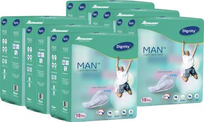 DIGNITY Man Light Incontinence Pads for Leakage Protection, Light Absorption Male Incontinence Pads, 10 Pads/Pack (Pack of 6) 60 Pads Adult Diapers - M