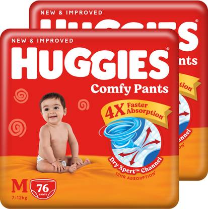 Huggies Comfy Baby Diaper Pants, Upto 50% Faster Absorption (76 X 2) - M