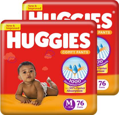 Huggies Comfy Baby Diaper Pants, Upto 50% Faster Absorption (76 X 2) - M