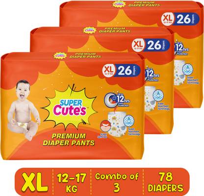 Super Cute's Premium Baby Diapers, Soft and Rash Free Diapers, Overnight Leakage Protection - XL