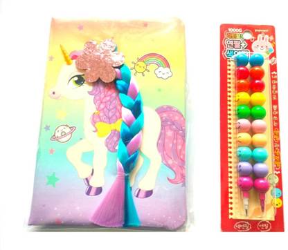 JELLIFY Unicorn Diary with 3D Hair and Smiley Stack Pencil Crayon Set for Girls/Kids A5 Diary Ruled 100 Pages