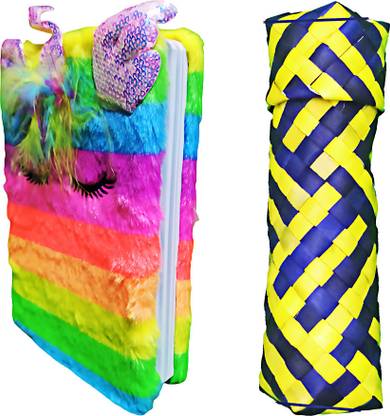 Ecommz Palm leaf Pouch with 3D Fur Unicorn Regular Diary Ruled 80 Pages