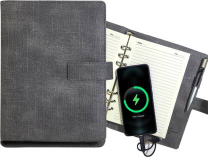 Viva Global CHARGE 4000 mAh POWER BANK 6 Ring Mechanism Refillable RINGBINDER NOTEBOOK Inbuild 32GB USB and Inbuilt IOS, Android and Type -C cables with Charge Indicator A5 Organizer Ruled 200 Pages