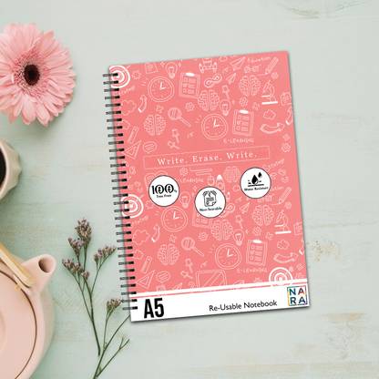 NARA Smart ReUsable Notebook, 2 Erasable pen, Coral Pink Cover, A5 Size A5 Diary No 20 Pages