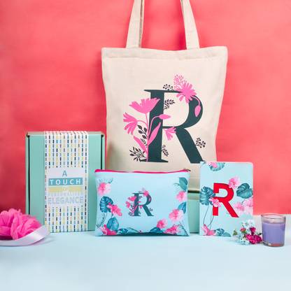 Doodle Monogram Diary Gift Set with Tote Bag and Pouch | Soft Bound Ruled B6 Notebook Stationery Gift Set for Girls and Women | Initial R - 192 Pages