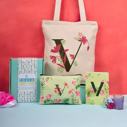 Doodle Monogram Diary Gift Set with Tote Bag and Pouch | Soft Bound Ruled B6 Notebook Stationery Gift Set for Girls and Women | Initial V - 192 Pages
