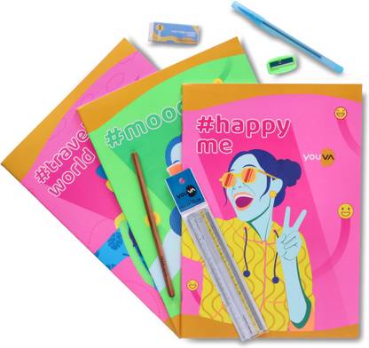 Youva Trendy Study Kit - Combo for Students| Assorted Products in a Combo Pack Regular Notebook Single Line 172 Pages