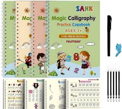 MVSK SANK Magic Practice Copybook Alphabet, Drawing, Math, Number, Pages: 20 A5 Note Book 4 Notebook 80 Pages