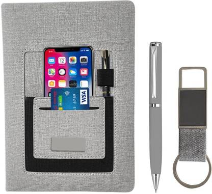Giftana 3 in 1 Jute Pocket Notebook Diary with Pen, Keychain Gift Set, Corporate Gifts Pen Gift Set