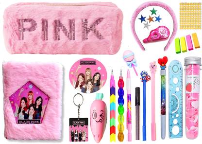 Neel Black Pink Complete Stationery Set for 20pcs School Designer Stationery with A6 Diary Black Pink Pouch/Diary & Stationery Return,Birthday Gift Stationery Set for Kids 80 Pages