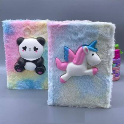 SaKha 3D Cute Cartoon Fuzzy Plush Notebook A5 Note Book Diary White-face (FURRY DIARY MIX DESIGN SQUISHY TOY) 200 Pages