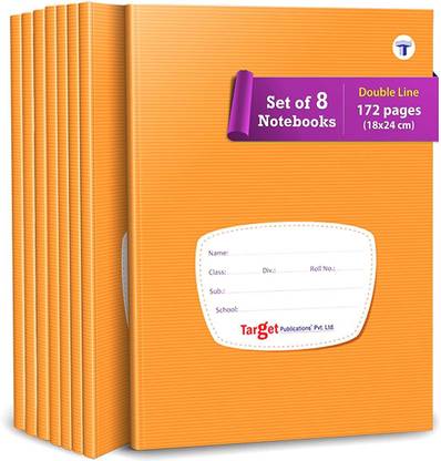 Target Publications Double Line Notebooks for Kids |Small Copy | 18x24 cm Approx |GSM 58| Pack of 8 Regular Notebook Two Line Ruled 172 Pages
