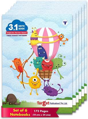 Target Publications 3 in 1 Notebooks |Single Line, Four Line & Maths Square|18x24cm| 58 GSM|Set of 6 Regular Notebook Ruled 172 Pages
