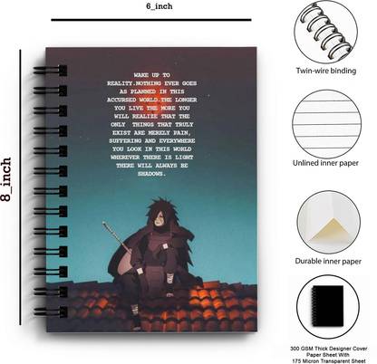 THEME VINTAGE Naruto Anime Madara Uchiha Wake Up To Reality Thought Designer Notebook A5 Notebook Unruled 160 Pages