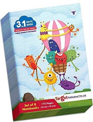 Target Publications 3 in 1 Notebooks | Maths Square, Single Line, Four Line|18x24 cm|58 GSM|Set of 8 Regular Notebook Ruled 172 Pages