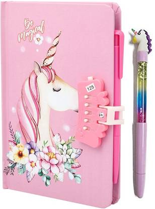 B inik Password Lock Diary with Unicorn Shape Pen for Girls Mini Diary Single 50 Pages