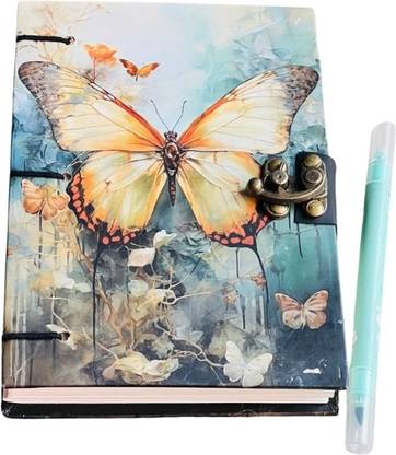 Al Zohra Handicraft Leather Cardboard Golden Butterfly Print Special Binding A5 Diary Notebook A5 Note Book Unruled 200 Pages