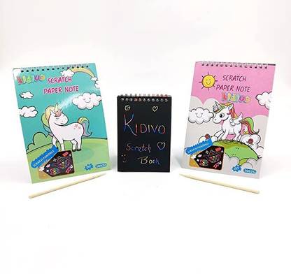 KIDIVO Multiple Design Rainbow Scratch Magic Doodle, Art Note Pad with One Stick (Big) A5 Note Pad Unruled 16 Pages