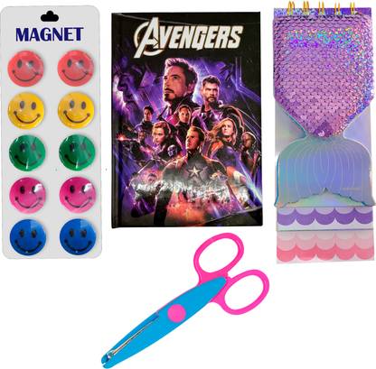 ASSA RETAILS Avengers Endgame Diary, smiley & Border Cutting Scissors Mermaid notebook.