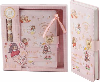 WISHKEY Cute Cartoon Printed Multipurpose Notebook with Decoration Tapes Squishy Fancy A5 Diary Ruled 112 Pages
