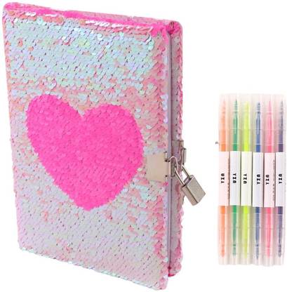 Tinker Squad Love Heart Sequins Diary Notebook for Girls | Aesthetic Diary with Pen Set Regular Notebook Ruled 160 Pages