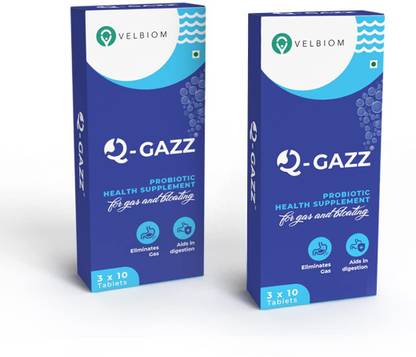 Velbiom Q-gazz Gas,indigestion, acidity Relief Digestive Enzymes, Probiotics, Ajwain Tablet