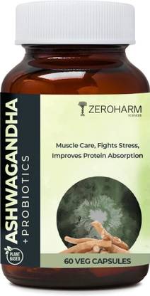 ZEROHARM Ashwagandha Probiotics for Healthy Gut, Strength, Fights Stress No added Flavor Capsules