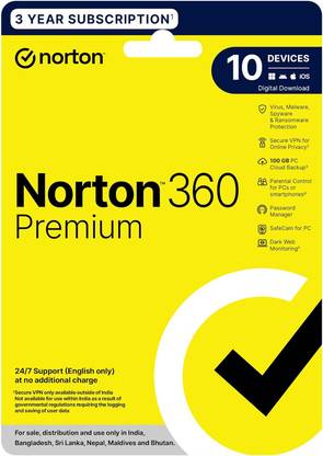 Norton 360 Premium 10 PC 3 Years Total Security Compatible with Windows (Email Delivery - No CD)