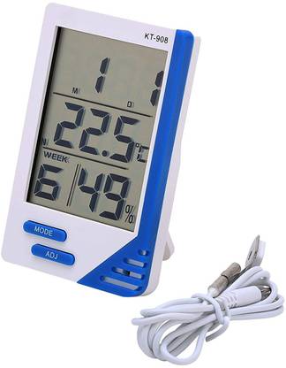 SWADESI BY MCP Digital Room Thermometer Temperature Humidity Meter LCD Digital indoor/Outdoor KT-908 Room Thermometer Hygrometer with Clock Time Humidity Monitor for Home Thermometer