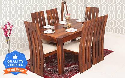 Custom Decor Solid Wood Foaster Dining Table Set Natural Teak Finish Solid Wood 6 Seater Dining Set