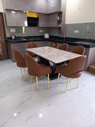 Taxzek Marble Table Top Solid Wood 6 Seater Dining Set