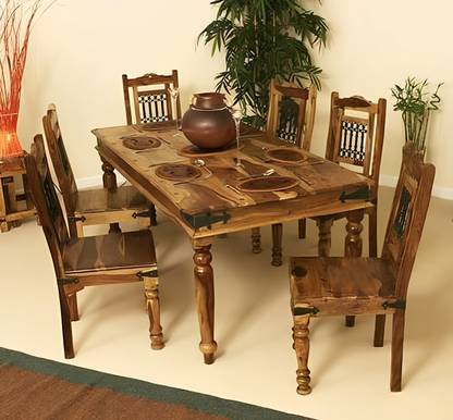 CHITRA FURNITURE Solid Wood 6 Seater Dining Table With Iron Jali Backrest Chairs For Dining Room Solid Wood 6 Seater Dining Set