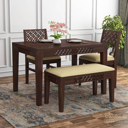 Mooncraft Furniture Dining Table with 2 Chairs & 1 Bench Solid Wood 4 Seater Dining Set