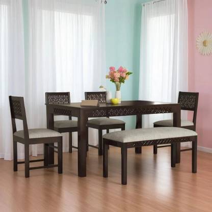 DITHA Furniture Solid Sheesham Wood Six Seater Dining Table Set For Dining Room. Solid Wood 6 Seater Dining Set