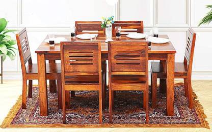 Deuba Solid Wood High Dining Table Set with Cushion Natural Teak Finish Solid Wood 6 Seater Dining Set