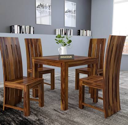 Douceur Furnitures Solid Sheesham Wood Four Seater Dining Set For Dining Room , Restaurant . Solid Wood 4 Seater Dining Set