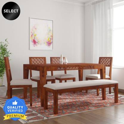Taskwood Furniture Solid Sheesham Wood 6 Seater Dining Table With 4 Chairs, 1 Bench For Dining Room Solid Wood 6 Seater Dining Set